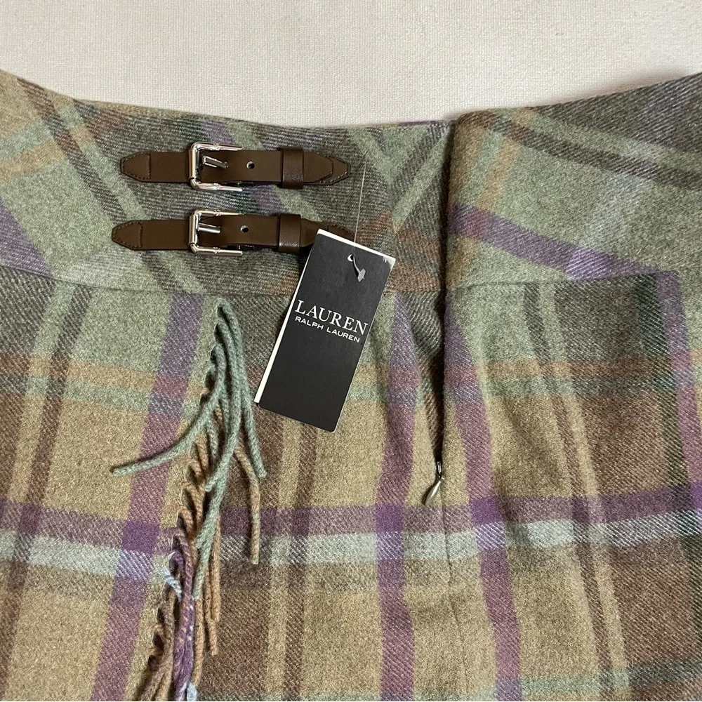 NWT New $225 Ralph Lauren Wool Plaid Fringe-Trim Tweed Mini Skirt Size 14